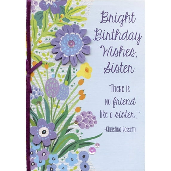Designer Greetings Bright Birthday Wishes: Tip On 3D Flower, Sequin and Purple Bow Hand Decorated Designer Boutique Keepsake Birthday Card for Sister