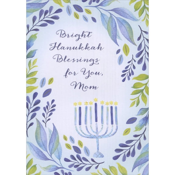 Designer Greetings Bright Blessings: Light Blue Menorah with Sparkling Flames and Floral Border Hanukkah Card for Mom