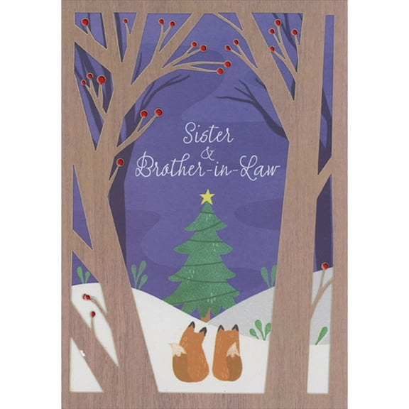 Designer Greetings Brown Laser Cut Trees, Two Foxes in Snow and Single Tree with Yellow Star Christmas Card for Sister and Brother-in-Law