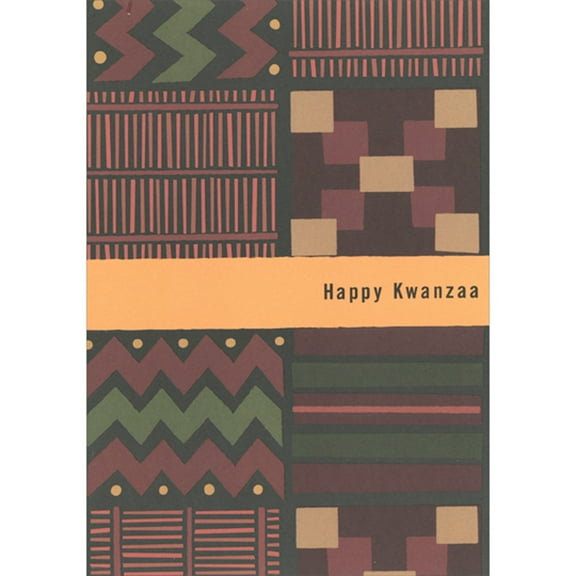 Designer Greetings Brown, Red Green and Tan Lines, Squares and Zig Zags with Orange Banner Happy Kwanzaa Card