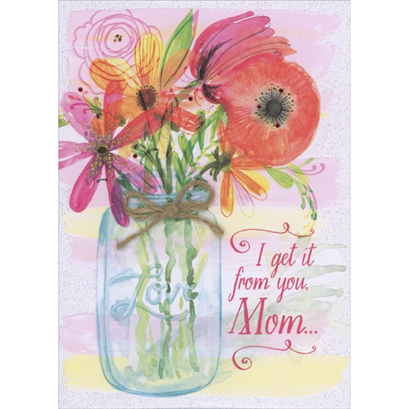 Designer Greetings Brown String Over Jar Filled with Red, Pink and Yellow Flowers with Small 3D Red Gems Hand Decorated Keepsake Mother's Day Card for Mom from Daughter