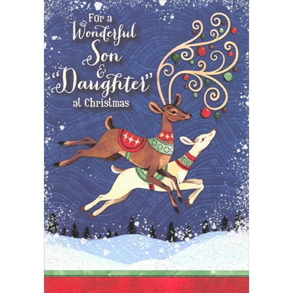 Designer Greetings Brown and White Jumping Reindeer : Blue Swirling Snow Christmas Card for Son and Daughter-in-Law