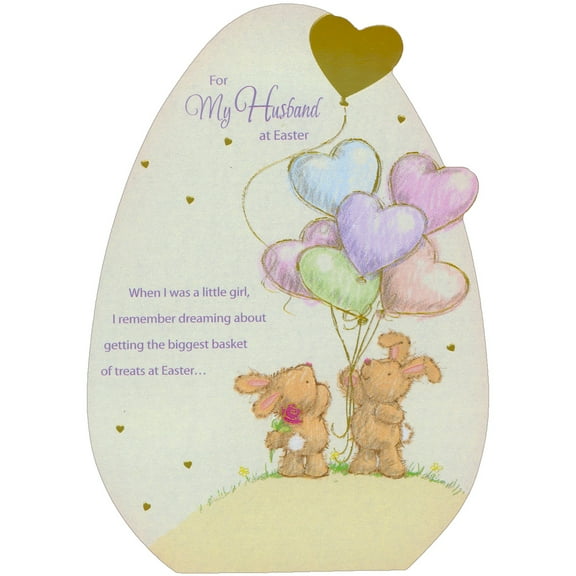 Designer Greetings Bunnies with Bunch of Heart Shaped Balloons on Die Cut Egg Shaped Easter Card for Husband