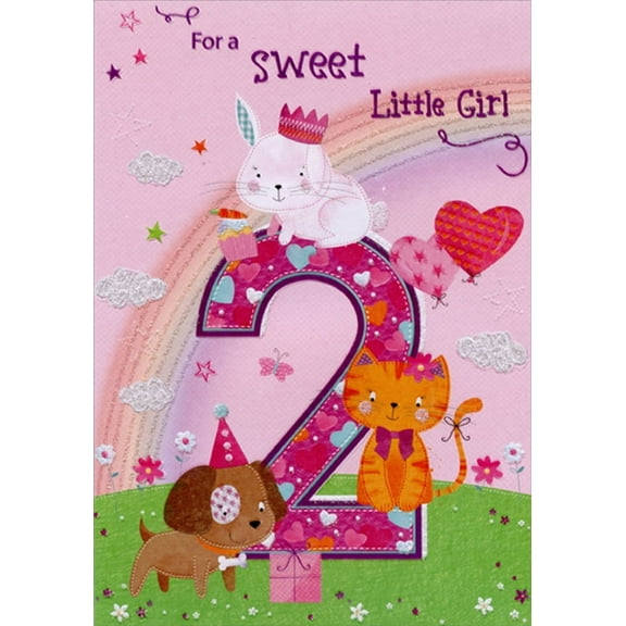 Designer Greetings Bunny, Kitten and Puppy with Rainbow Age 2 / 2nd Birthday Card for Girl