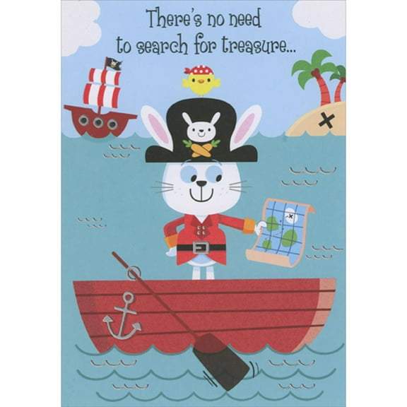 Designer Greetings Bunny Pirate Standing in Red Row Boat and Holding Treasure Map Juvenile Father's Day Card for Uncle from Child