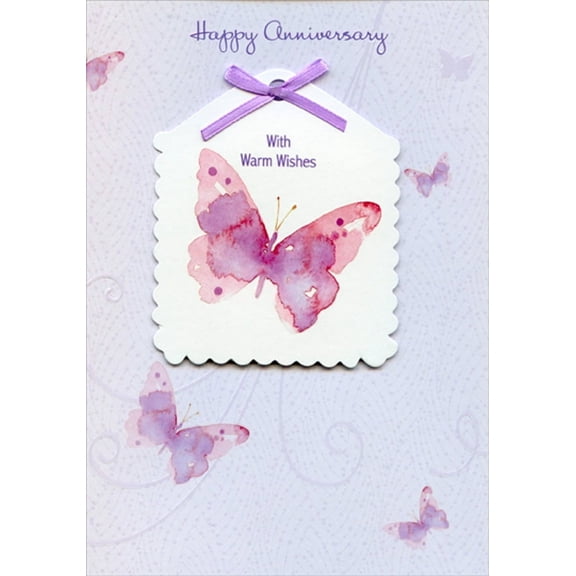 Designer Greetings Butterfly on 3D Tip On Scalloped Edged Tag with Purple Ribbon Hand Decorated Marriage : Wedding Anniversary Congratulations Card for Couple