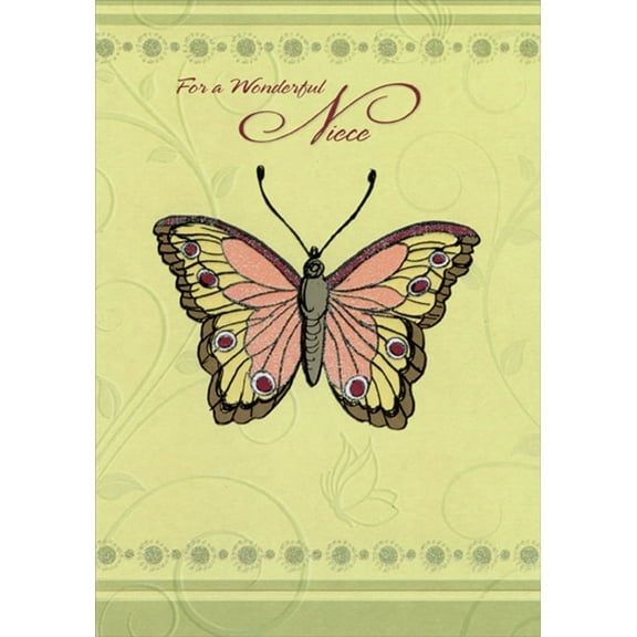Designer Greetings Butterfly with Sparkling Glitter Accents on Green Niece Birthday Card