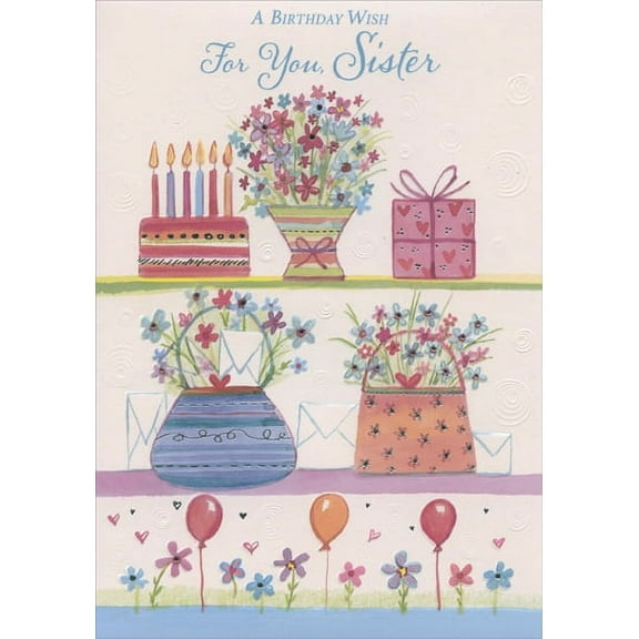 Designer Greetings Cake, Flowers, Gift, Purses and Balloons: Sister Birthday Card