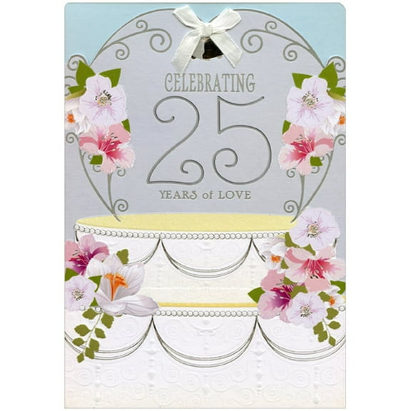 Designer Greetings Cake Topper with White Bow Die Cut Hand Decorated 25th : Twenty-Fifth Wedding Anniversary Congratulations Card for Couple