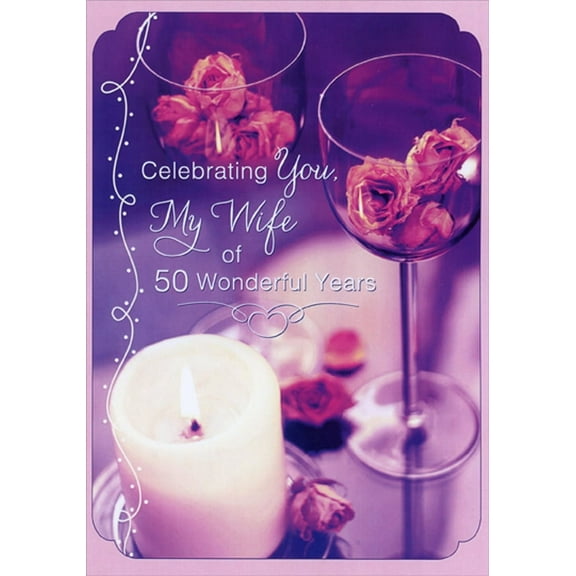 Designer Greetings Candle and Glasses Filled with Pink Flowers 50th: Fiftieth Wedding Anniversary Congratulations Card for My Wife