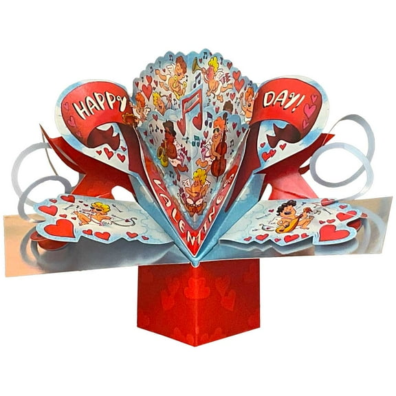 Designer Greetings Cartoon Cupids Playing Instruments 3D Pop Up Paper Sculpture Valentine's Day Card