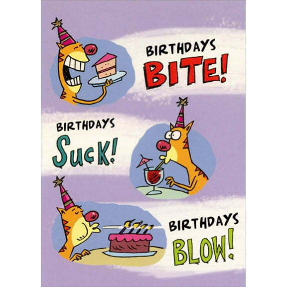 Designer Greetings Cat Eating Cake, Drinking and Blowing Out Candles Risque Funny / Humorous Birthday Card