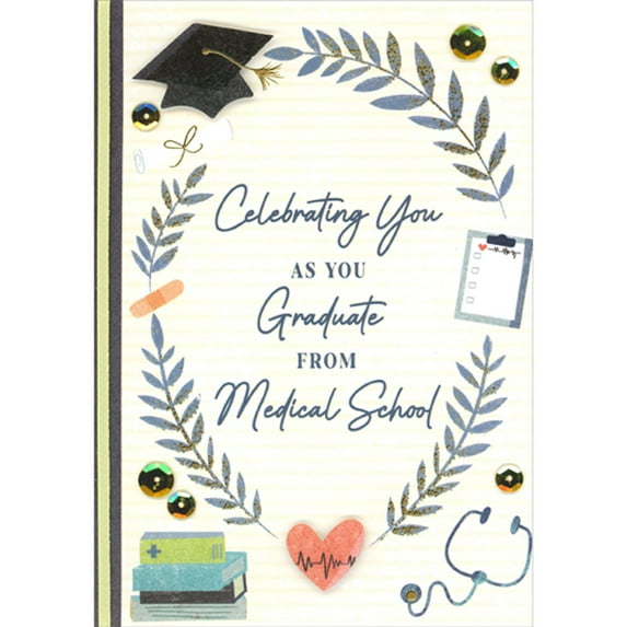 Designer Greetings Celebrating You: 3D Cap, 3D Heart, Oval Branches, Stethascope, Bandage and Chart Hand Decorated Graduation Congratulations Card for Medical School