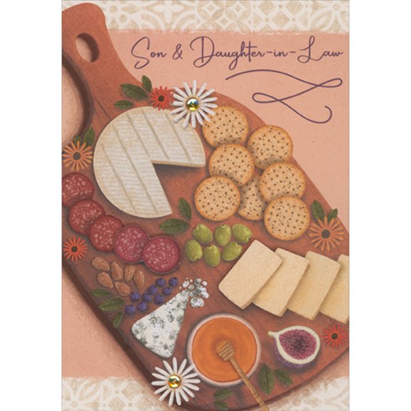 Designer Greetings Charcuterie Board with 3D Cheese Slices, Pepperoni and Sequins Handmade Thanksgiving Card for Son and Daughter-in-Law