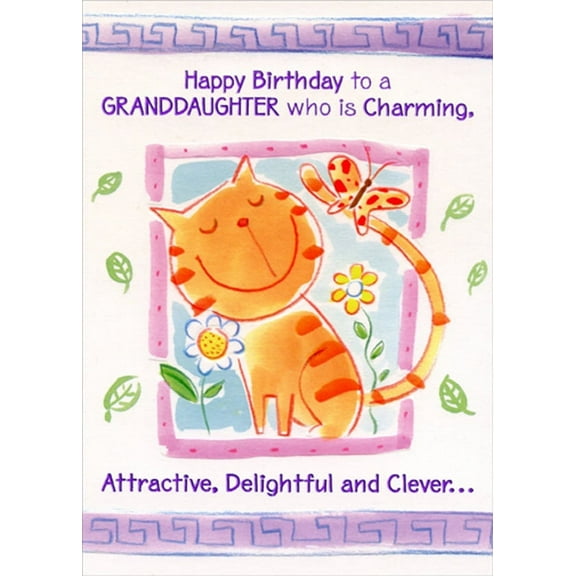 Designer Greetings Charming Orange Cat with Butterfly Funny / Humorous Birthday Card for Granddaughter