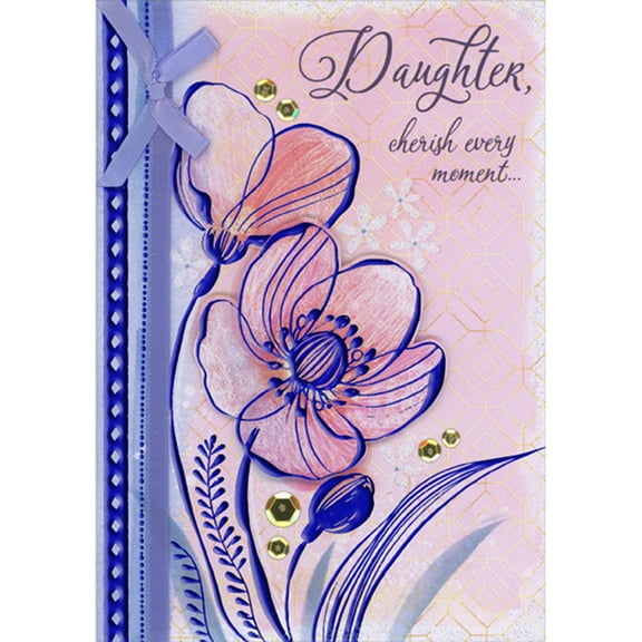 Designer Greetings Cherish Every Moment: Pink 3D Die Cut Flower with Blue Foil Accents, Sequins and Ribbon Hand Decorated Mother's Day Card for Daughter