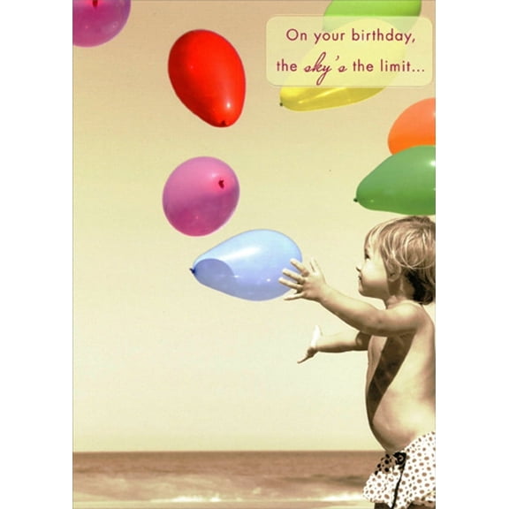 Designer Greetings Child Watching Colorful Floating Balloons at Beach Birthday Card