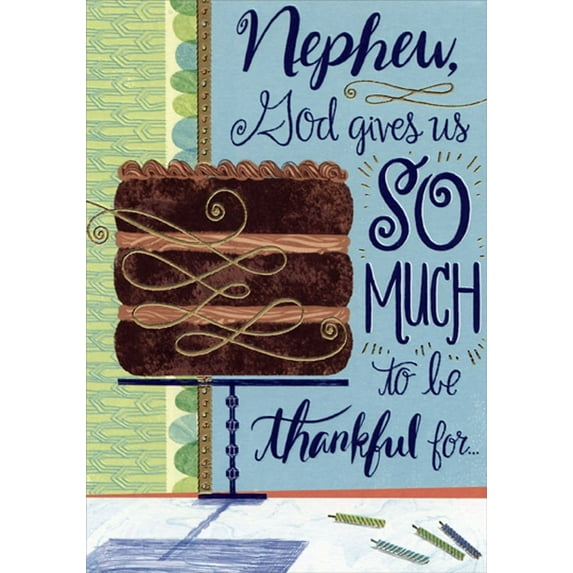 Designer Greetings Chocolate Layer Cake and Gold Foil Swirls Religious Birthday Card for Nephew