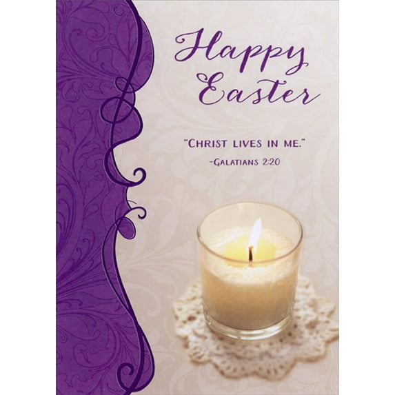 Designer Greetings Christ Lives in Me : Small Candle : Swirling Purple Border Religious Easter Card for Someone In God's Service