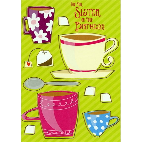 Designer Greetings Coffee and Tea Cups on Green Diagonal Stripes Birthday Card for Sister