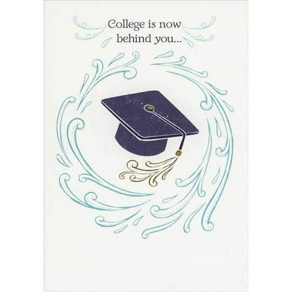 Designer Greetings College is Now Behind You : Swirls and Grad Cap College Graduation Congratulations Card