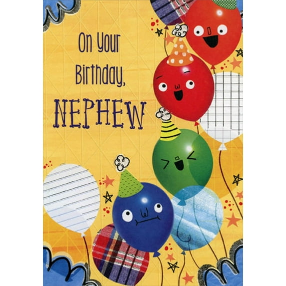 Designer Greetings Colorful Balloons with Silly Faces and Party Hats Juvenile Birthday Card for Young Nephew