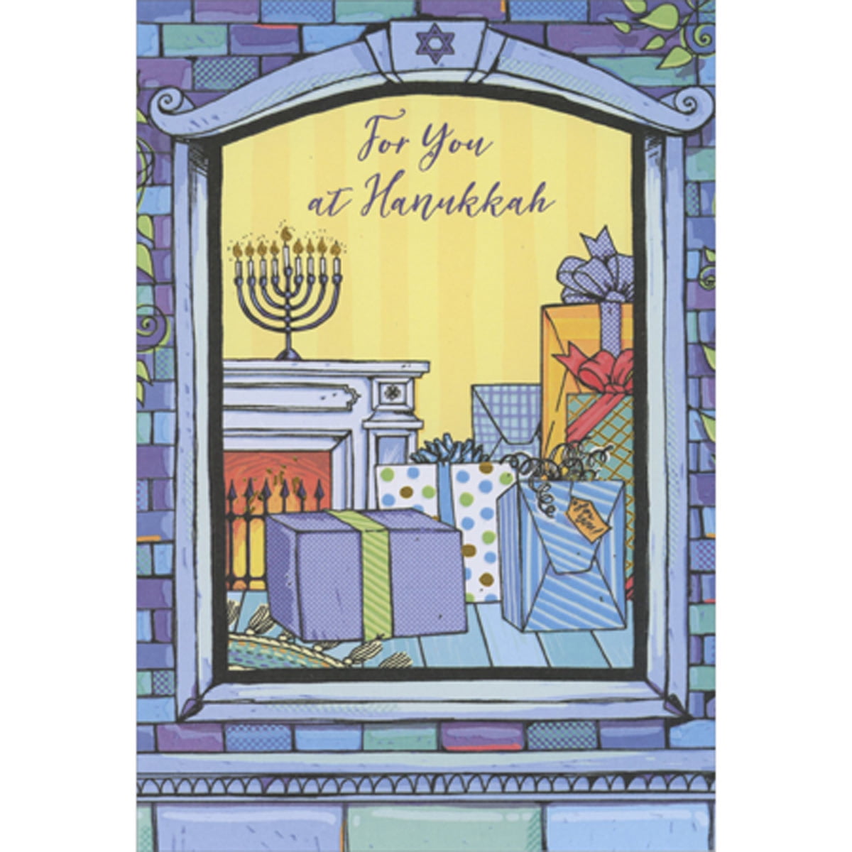Designer Greetings Colorful Brick Wall, Window, Mantel, Menorah and Gifts Package of 8 Hanukkah Cards