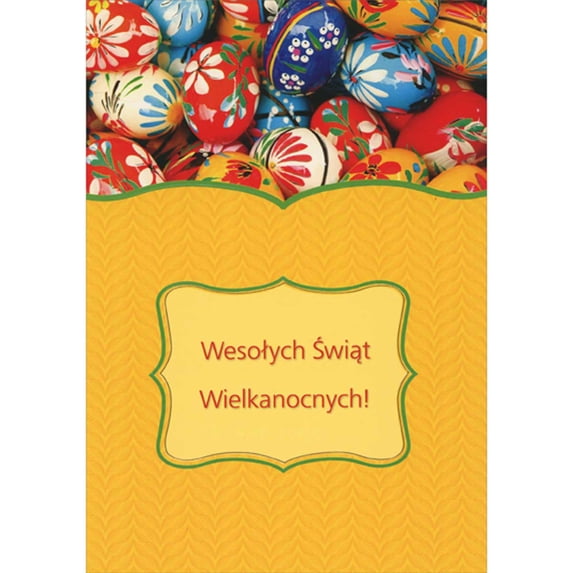 Designer Greetings Colorful Eggs Painted with Flower Images Above Yellow Banner Polish Language Easter Card