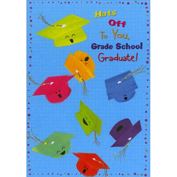 Designer Greetings Colorful Floating Grad Caps with Faces Grade School Graduation Congratulations Card