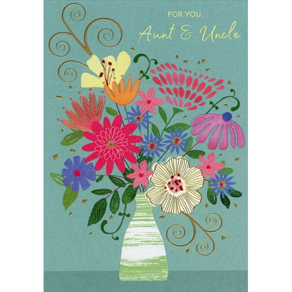 Designer Greetings Colorful Flowers in White and Green Vase on Blue Aunt and Uncle Easter Card