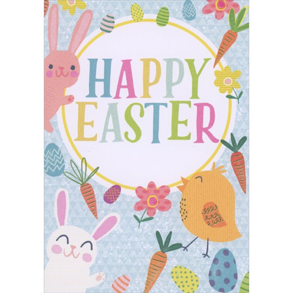 Designer Greetings Colorful Letters in Circular Banner: Pink and White Bunnies, Chick, Eggs and Carrots Juvenile Easter Card for Young Kid : Child