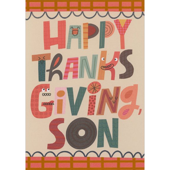 Designer Greetings Colorful Mixed Patterns Lettering with Silly Faces Juvenile Thanksgiving Card for Son