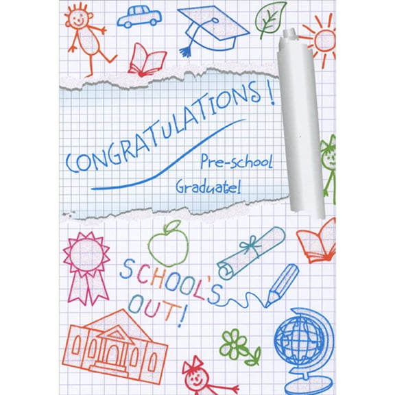Designer Greetings Colorful Sparkling Line Drawings on Graph Paper Preschool Graduation Card