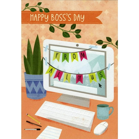 Designer Greetings Computer Monitor Draped with Colorful Flags Boss's Day Card from All : Us : Group