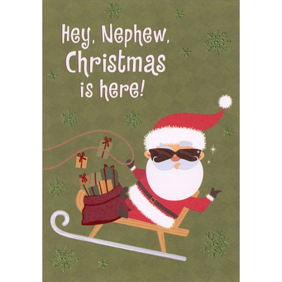 Designer Greetings Cool Santa with Sunglasses Riding Sled Juvenile Christmas Card for Pre-Teen Nephew