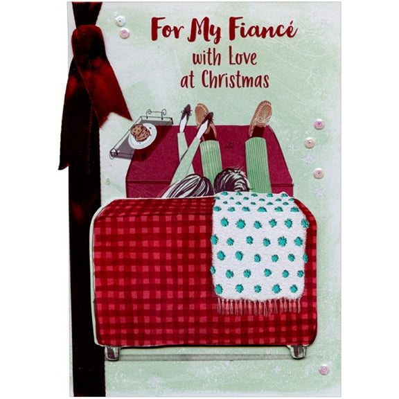 Designer Greetings Couple on Red Checkered Couch with Burgundy Ribbon 3D Hand Decorated Premier Collection Keepsake Christmas Card for My Fiance