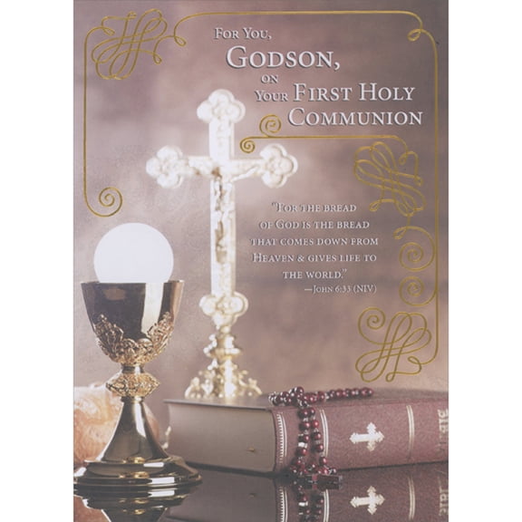 Designer Greetings Cross, Bible, Rosary, Chalice and Cross Reflected on Table First Holy Communion Card for Godson