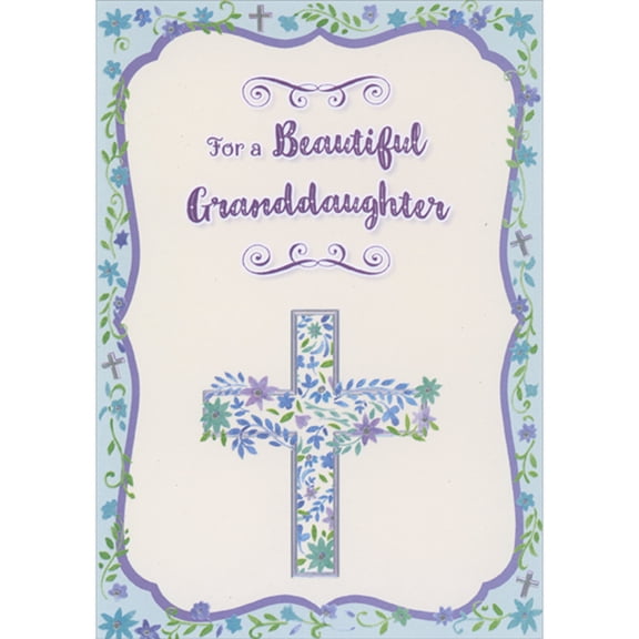 Designer Greetings Cross Wrapped in Blue, Purple and Green Flowers and Vines Inside Purple Frame First Communion Card for Granddaughter