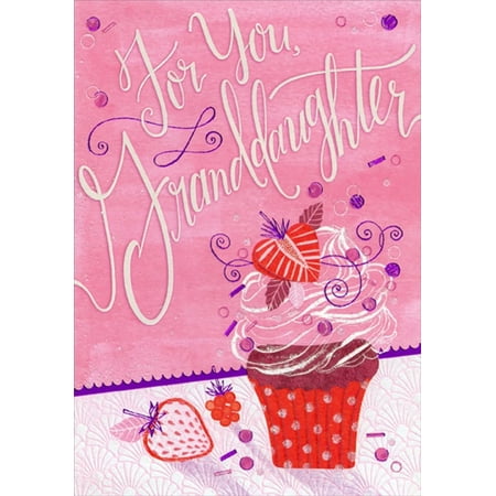Designer Greetings Cupcake with White Frosting Outline and Strawberry Birthday Card for Granddaughter