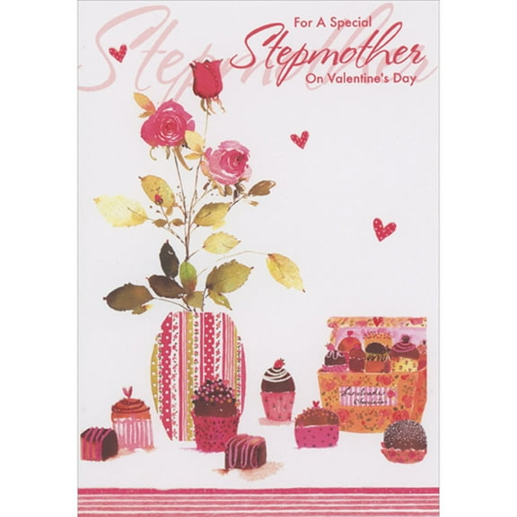 Designer Greetings Cupcakes and Patterned Vase Holding 3 Roses Valentine's Day Card for Stepmother