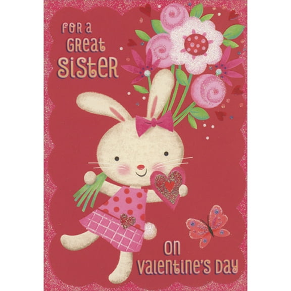 Designer Greetings Cute Bunny in Pink Dress Holding Large Flower Bouquet and Heart Juvenile Valentine's Day Card for Sister