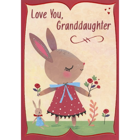 Designer Greetings Cute Bunny in Red Polka Dot Dress Holding Flowers in Each Paw Juvenile Valentine's Day Card for Granddaughter