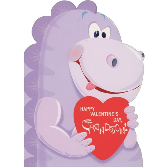 Designer Greetings Cute Die Cut Purple Dinosaur with Spikes Holding Red Heart Juvenile Valentine's Day Card for Grandson