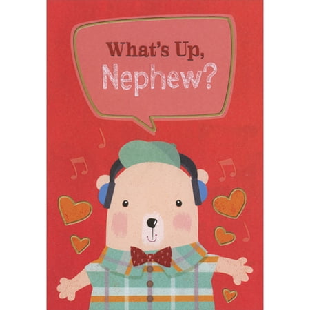 Designer Greetings Cute Dog with Plaid Shirt, Red Bowtie, Cap and Blue Headphones Juvenile Valentine's Day Card for Pre-Teen Nephew