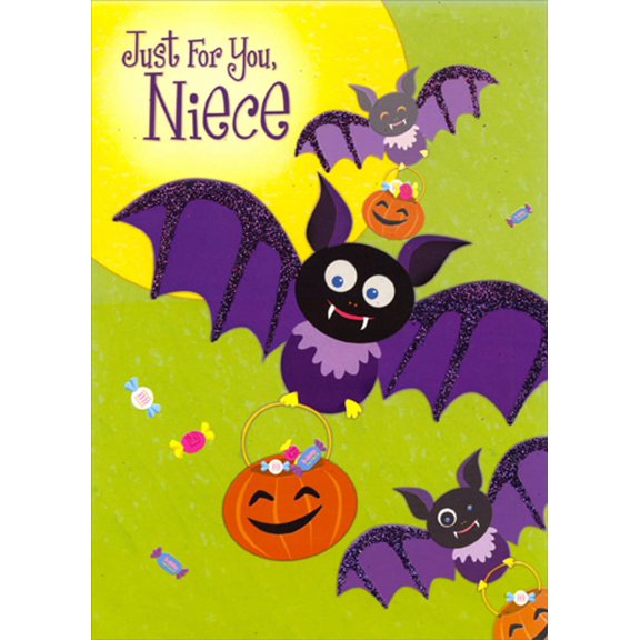 Designer Greetings Cute Flying Purple Bat Carrying Candy Bucket Juvenile Halloween Card for Niece