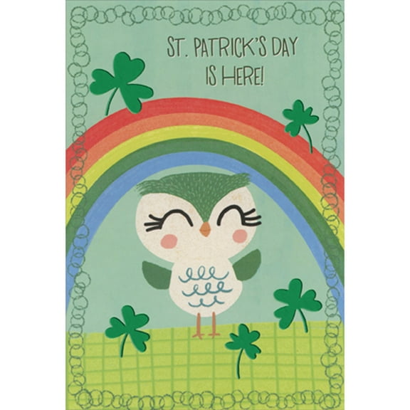 Designer Greetings Cute Green and White Bird, Rainbow and Green Foil Shamrocks Package of 8 Juvenile St. Patrick's Day Cards for Kids