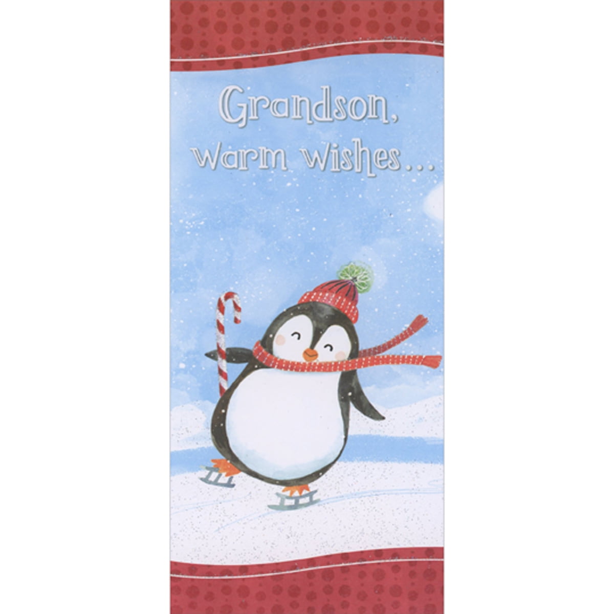 Designer Greetings Cute Penguin Ice Skating While Carrying Candy Cane Money Holder / Gift Card Holder Christmas Card for Grandson