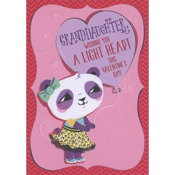 Designer Greetings Cute Purple and White Panda Bear in Yellow Dress Holding Heart Balloon Juvenile Valentine's Day Card for Granddaughter