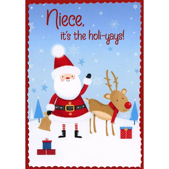 Designer Greetings Cute Reindeer and Santa with Raised Arm Juvenile Christmas Card for Young Niece
