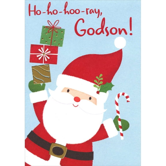 Designer Greetings Cute Santa Holding Stack of Gifts and Candy Cane Juvenile Christmas Card for Young Godson